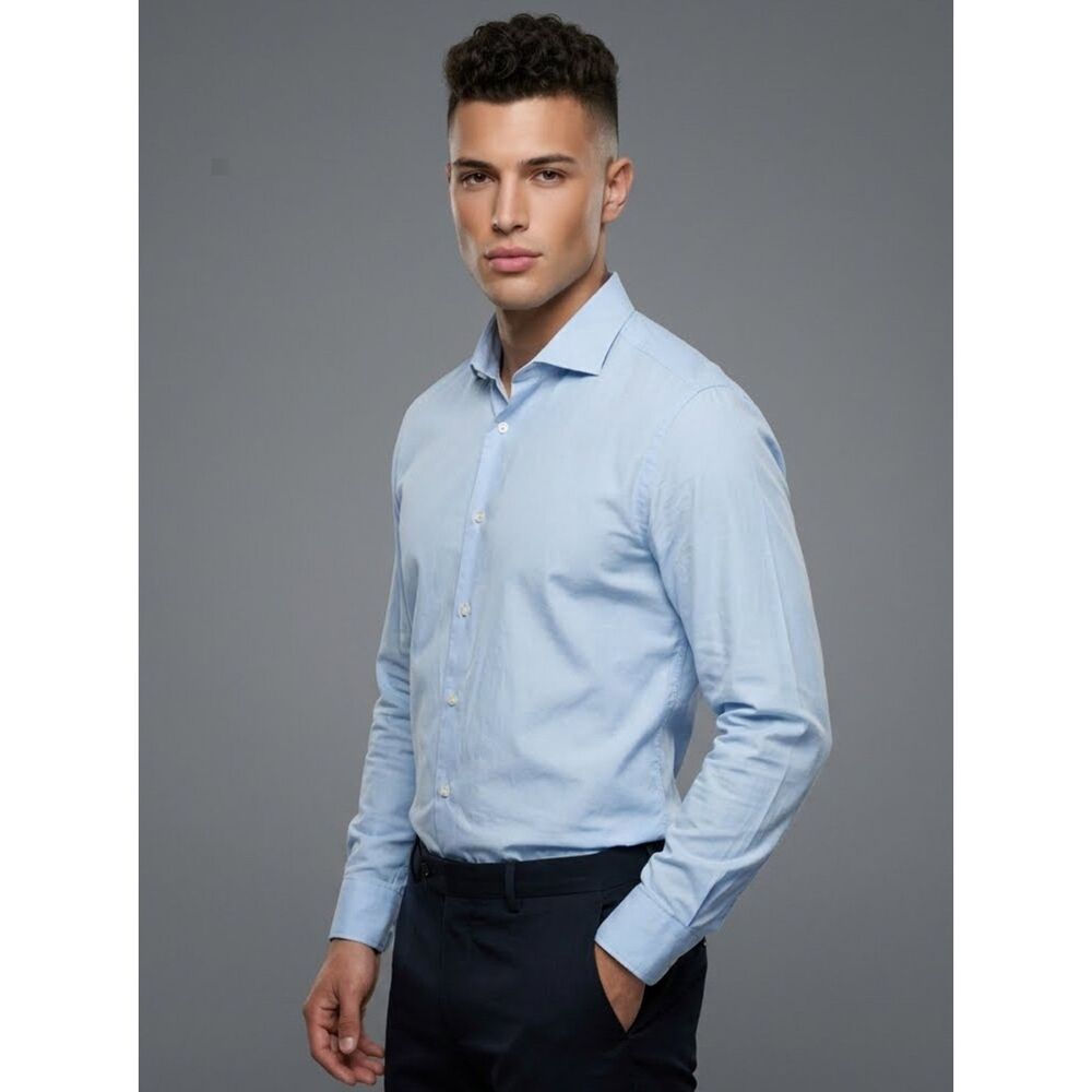 Fedeli Sean Panamino Shirt Light Blue Cotton Voile Button Down Italy Luxury 44